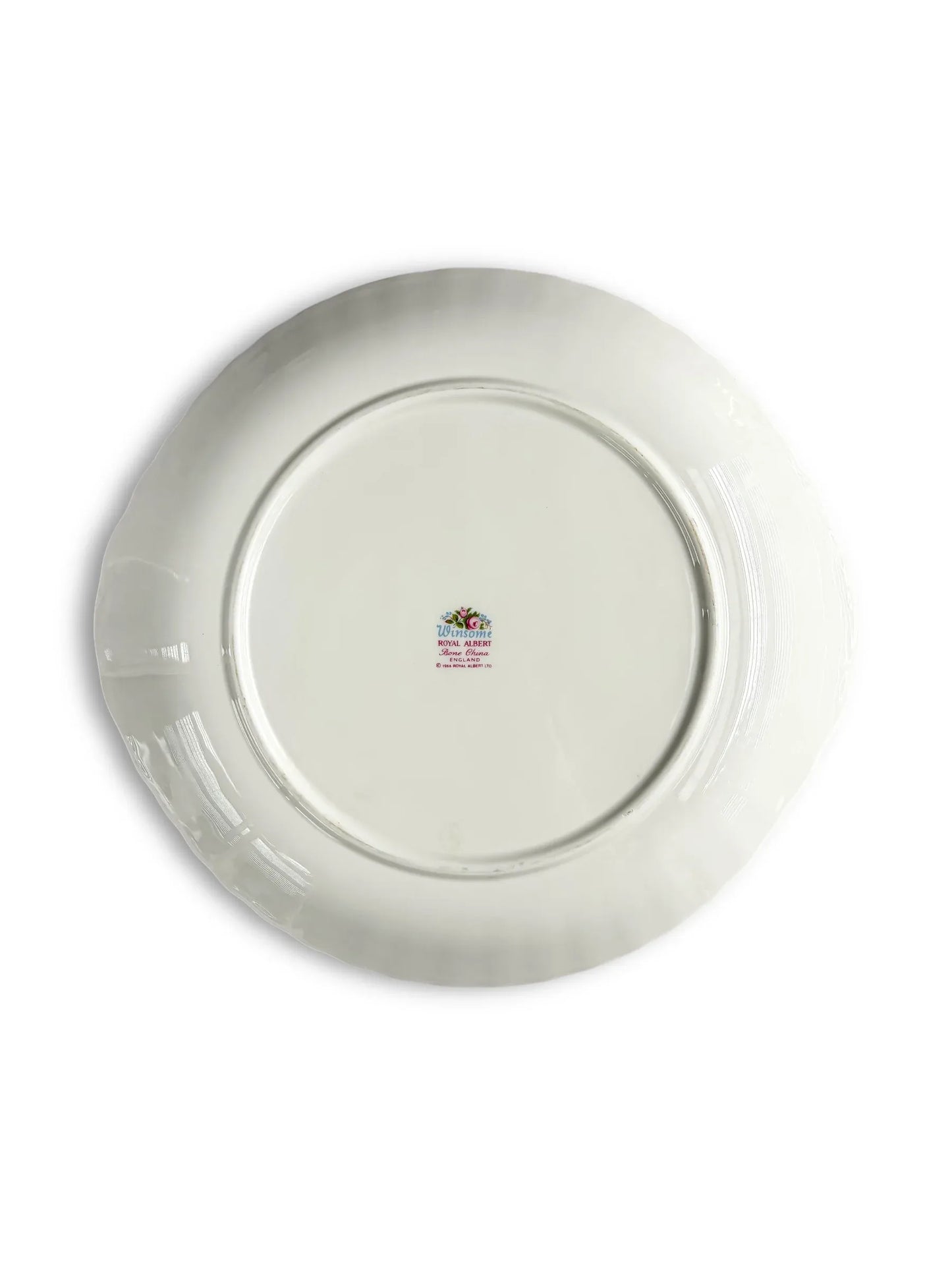 The underside of the plate showing the original 'Winsome Royal Albert Bone China England' backstamp with the 1966 copyright.