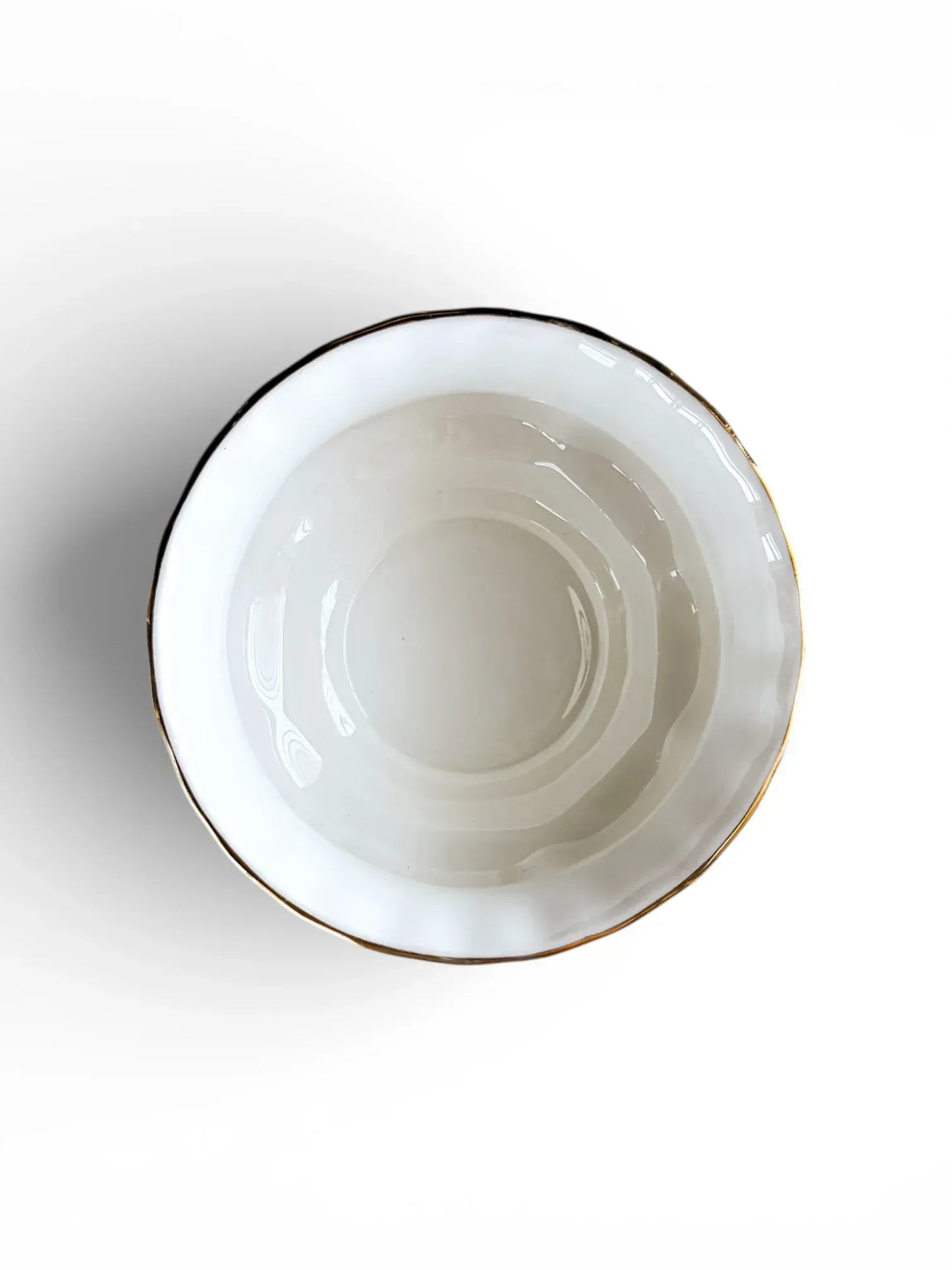Top-down view into the clean, white interior of the Winsome sugar bowl showing the scalloped gold edge.