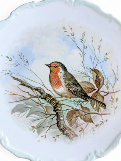 Close-up detailed view of the central artwork on a Royal Albert porcelain plate, highlighting the fine brushstrokes of a Robin with an orange-red breast, intricate branch details, and the printed signature of artist Reginald A. Johnson in the lower right.