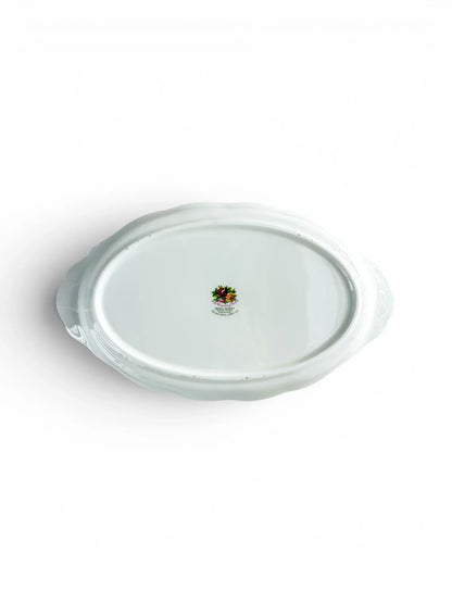 The underside of the vintage Royal Albert Old Country Roses serving tray, showing the clear, smooth English factory backstamp confirming a first-quality item.
