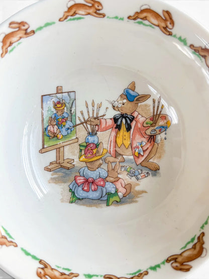 Detail of the Portrait Painter scene inside a vintage Royal Doulton Bunnykins bowl.