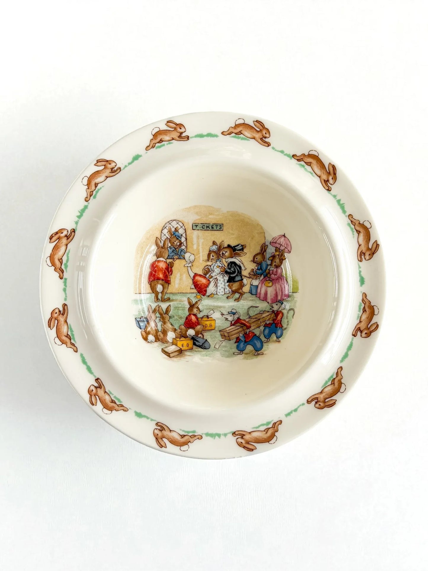 Royal Doulton Bunnykins Fruit/Dessert Bowl | 'Ticket Queue' Scene (Rim Edge) - SOSC Home