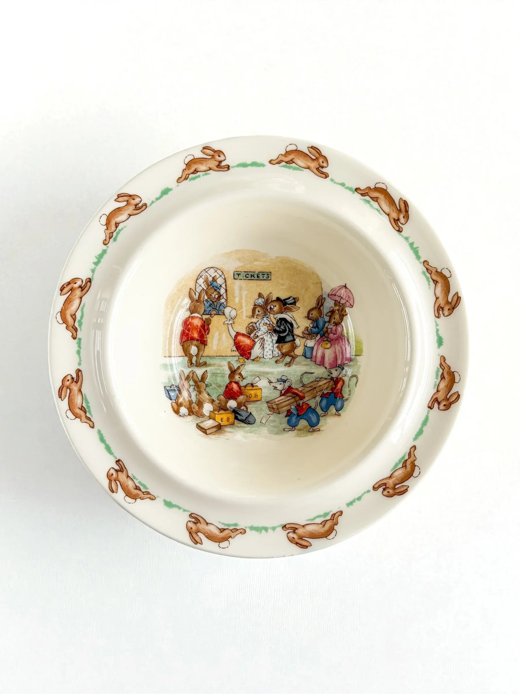 Royal Doulton Bunnykins Fruit/Dessert Bowl | 'Ticket Queue' Scene (Rim Edge) - SOSC Home