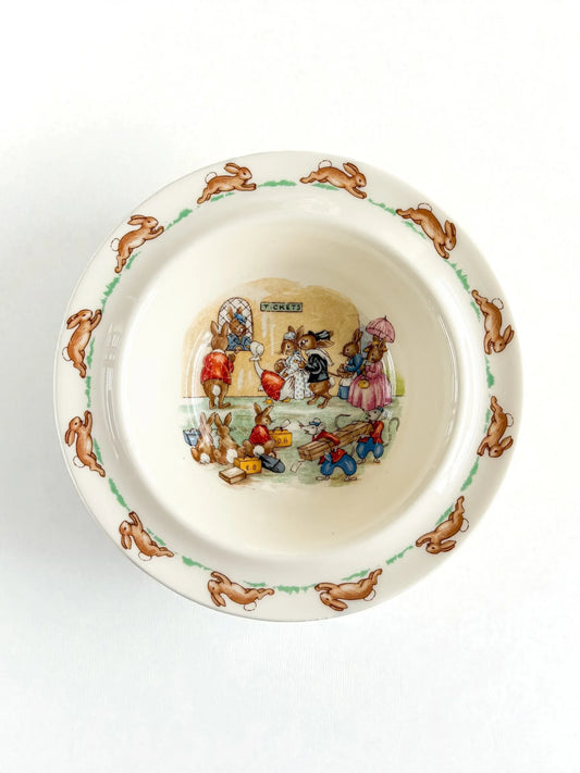 Royal Doulton Bunnykins Fruit/Dessert Bowl | 'Ticket Queue' Scene (Rim Edge) - SOSC Home