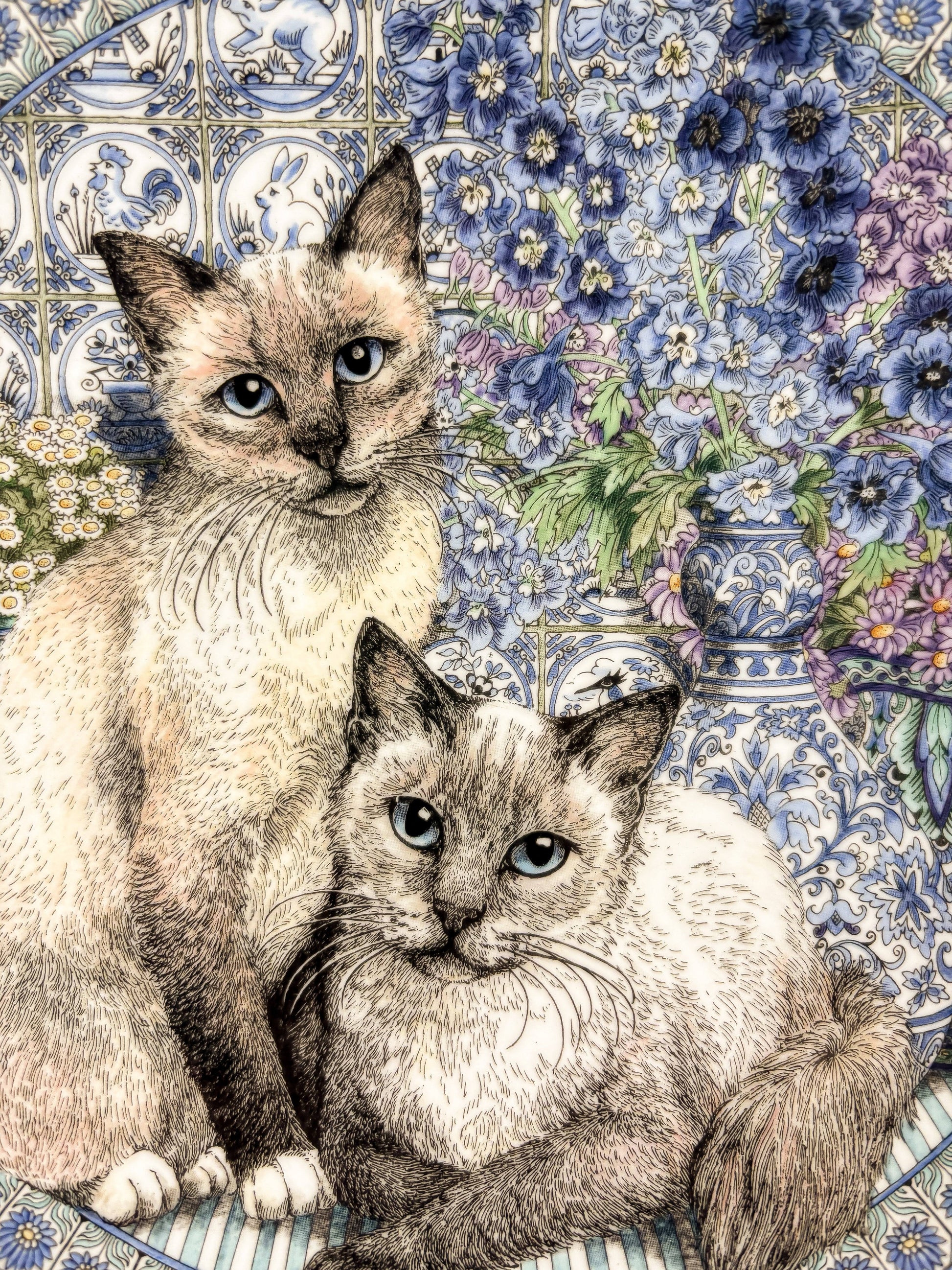 Detailed wood engraving style illustration of two cats with blue eyes and delphinium flowers on a 21cm Royal Worcester plate.