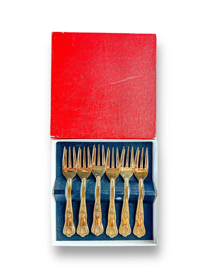 Set of 6 Boxed Gold-Plated Cake Forks - 'Kings' Pattern - SOSC Home