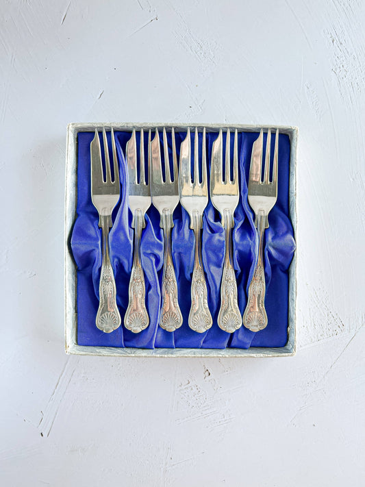 Set of 6 Boxed Silver-Plated Cake/Pastry Forks - 'Kings' Pattern - SOSC Home