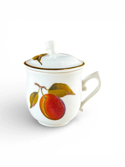 Vintage Royal Worcester Evesham Gold pot de crème featuring a vibrant peach lithograph on fine white porcelain with a gold rim.