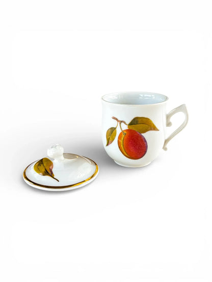 Open Royal Worcester Evesham Gold custard pot with lid removed, showcasing the clean white porcelain interior and the sculpted bud finial.