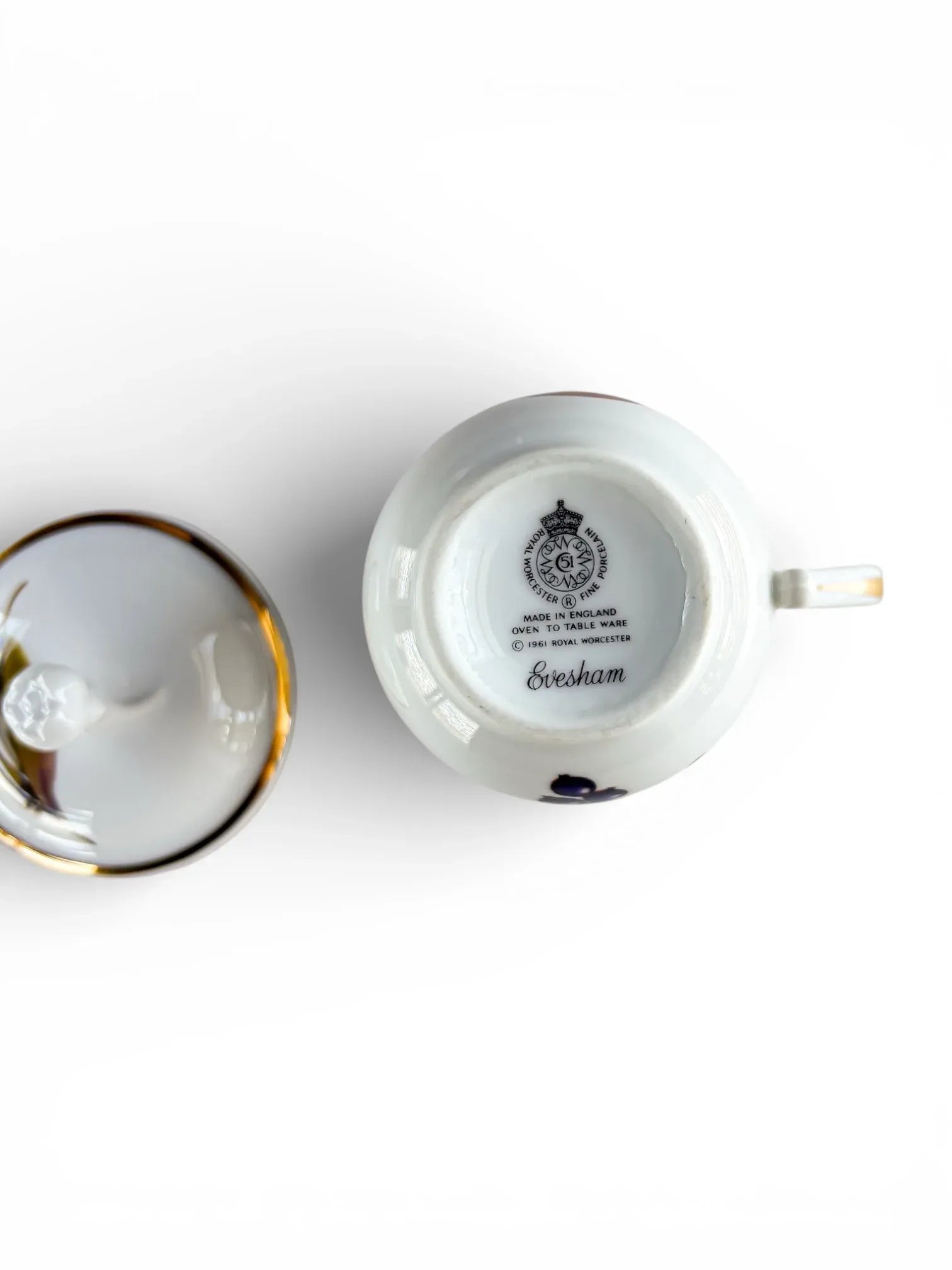 Backstamp of Royal Worcester Evesham Gold pot de crème, marked 'Made in England', 'Oven to Table Ware', and '1961 Royal Worcester'.