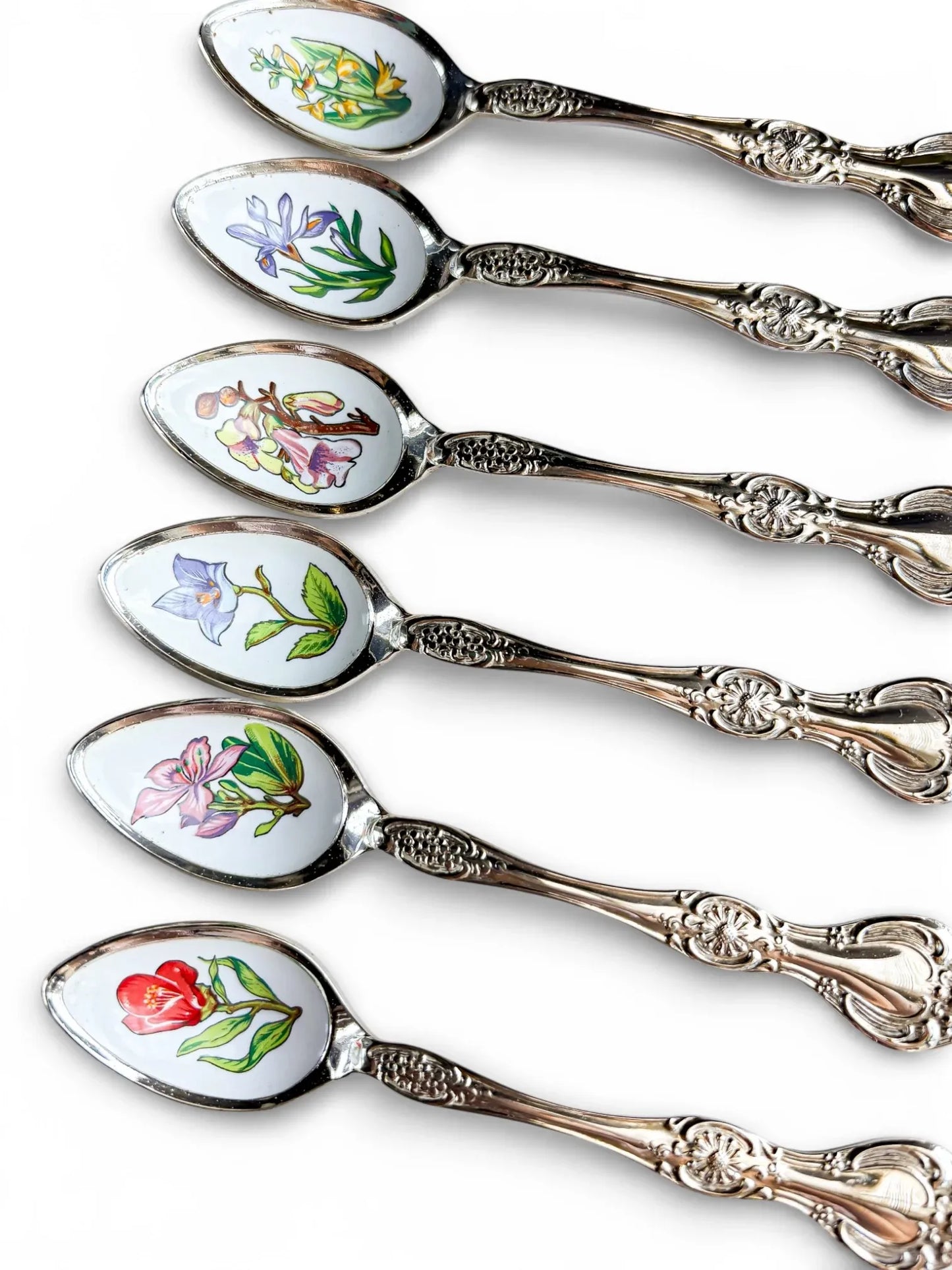 Close-up of vintage enamel teaspoon handles showing detailed floral designs including the Hong Kong Iris, Foxglove Tree, and Camel’s Foot on silver-plated stems.