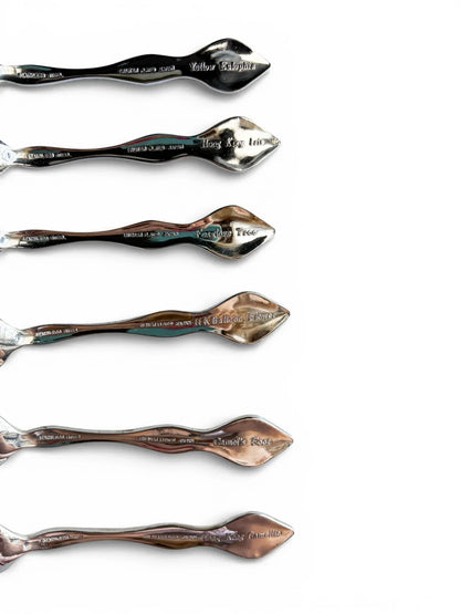 The reverse side of vintage Japanese teaspoons showing engraved botanical names and 'Silver Plated Japan' and 'Stainless Steel' hallmarks.
