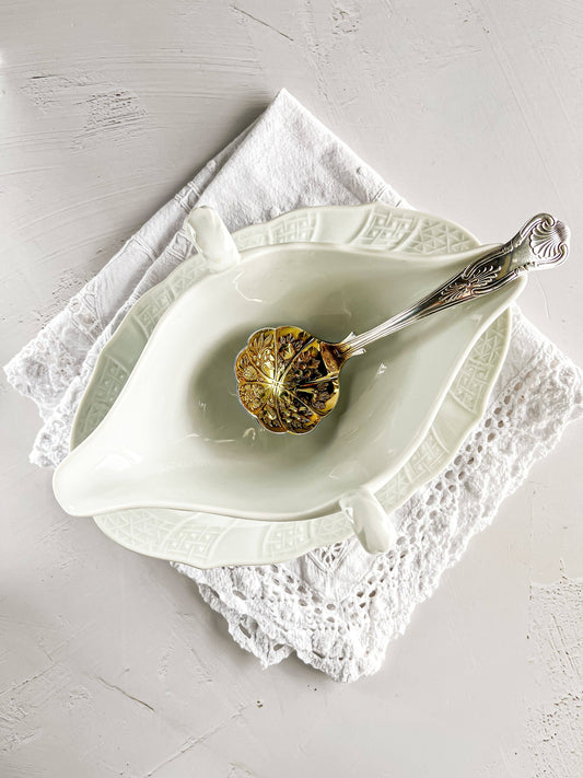 Sheffield Silver-Plated Embossed Gravy Ladle with Gold Wash Bowl - 'Kings' Pattern - SOSC Home