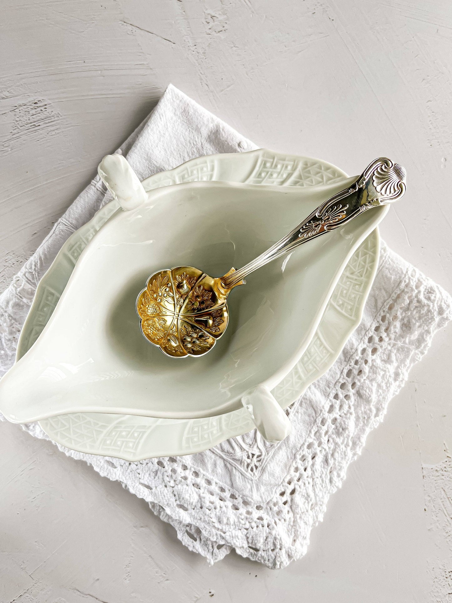 Sheffield Silver-Plated Embossed Gravy Ladle with Light Gold Wash Bowl - 'Kings' Pattern - SOSC Home