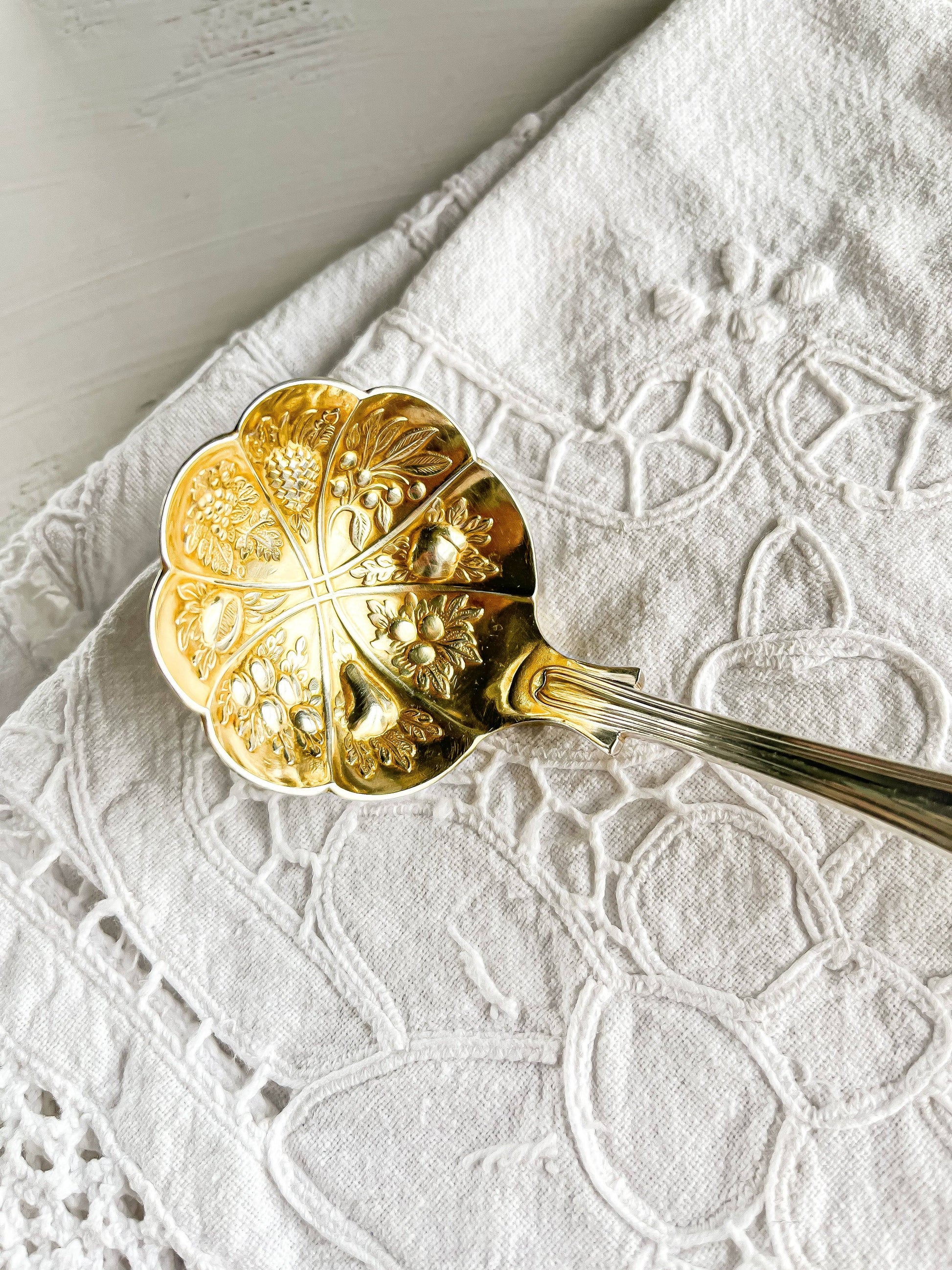 Sheffield Silver-Plated Embossed Gravy Ladle with Light Gold Wash Bowl - 'Kings' Pattern - SOSC Home