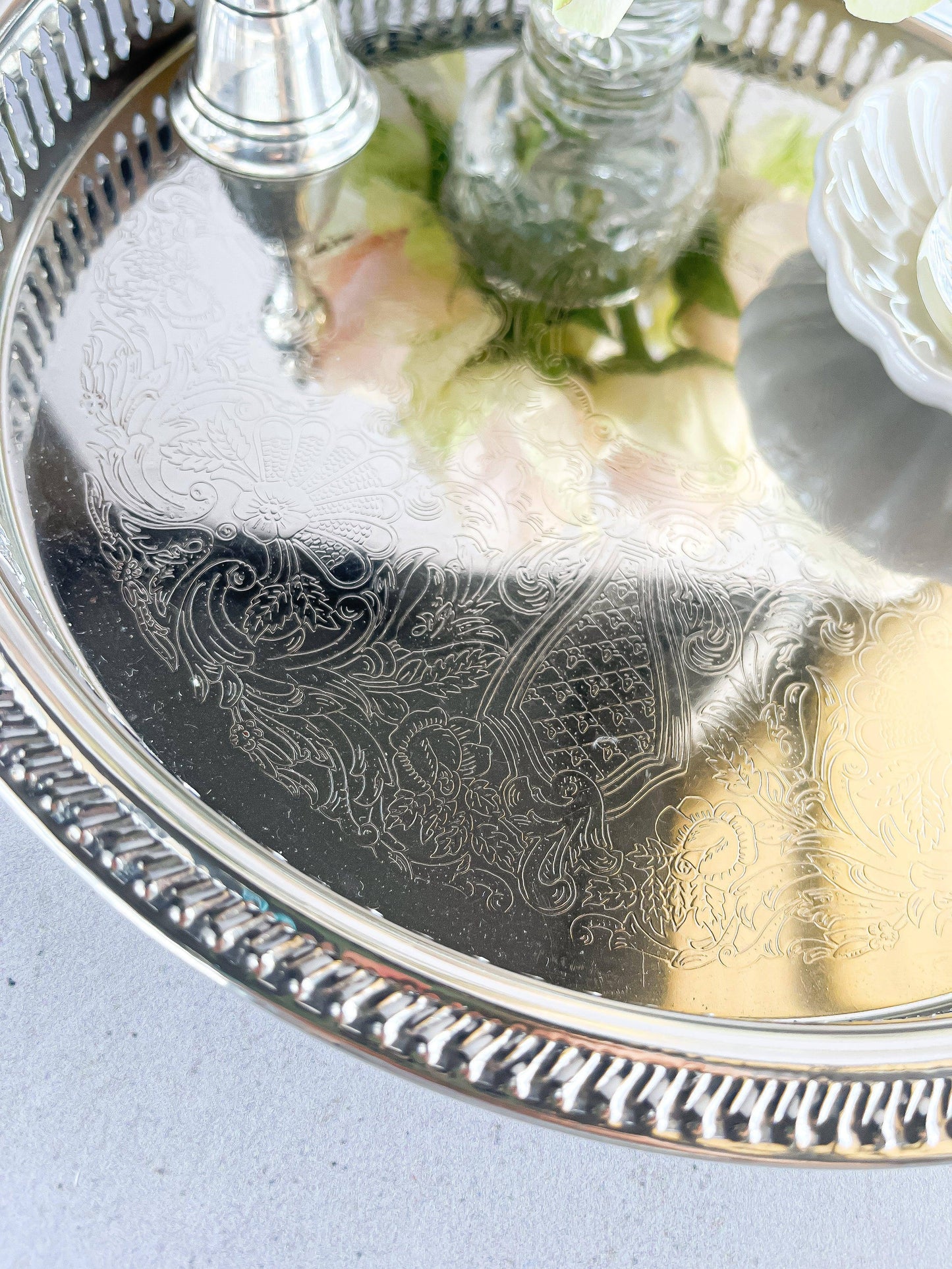 Silver-Plated Round Gallery Tray with Floral Etching - SOSC Home