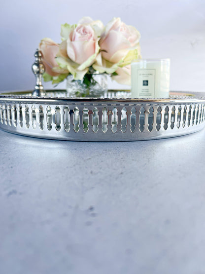 Silver-Plated Round Gallery Tray with Floral Etching - SOSC Home