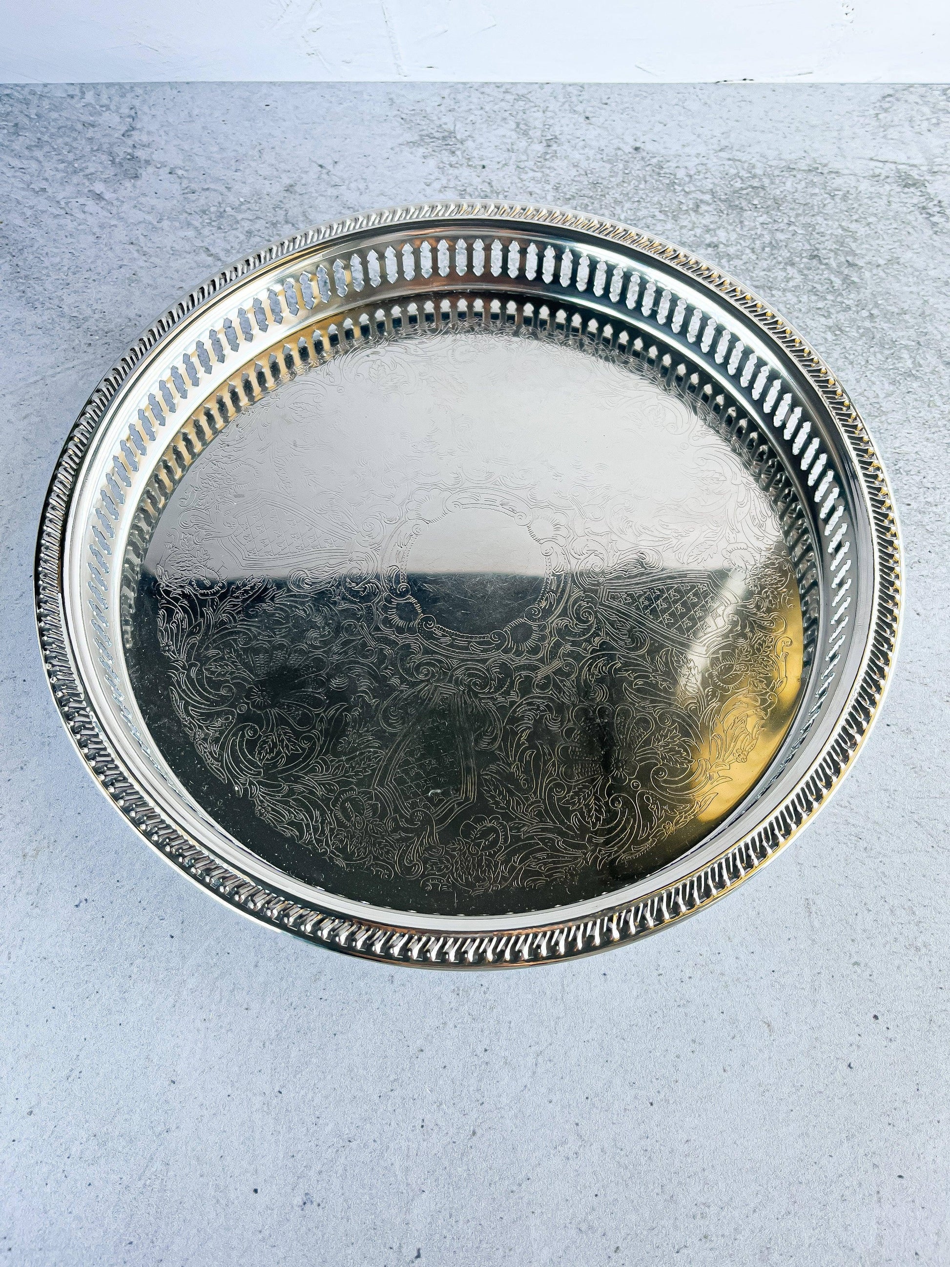 Silver-Plated Round Gallery Tray with Floral Etching - SOSC Home