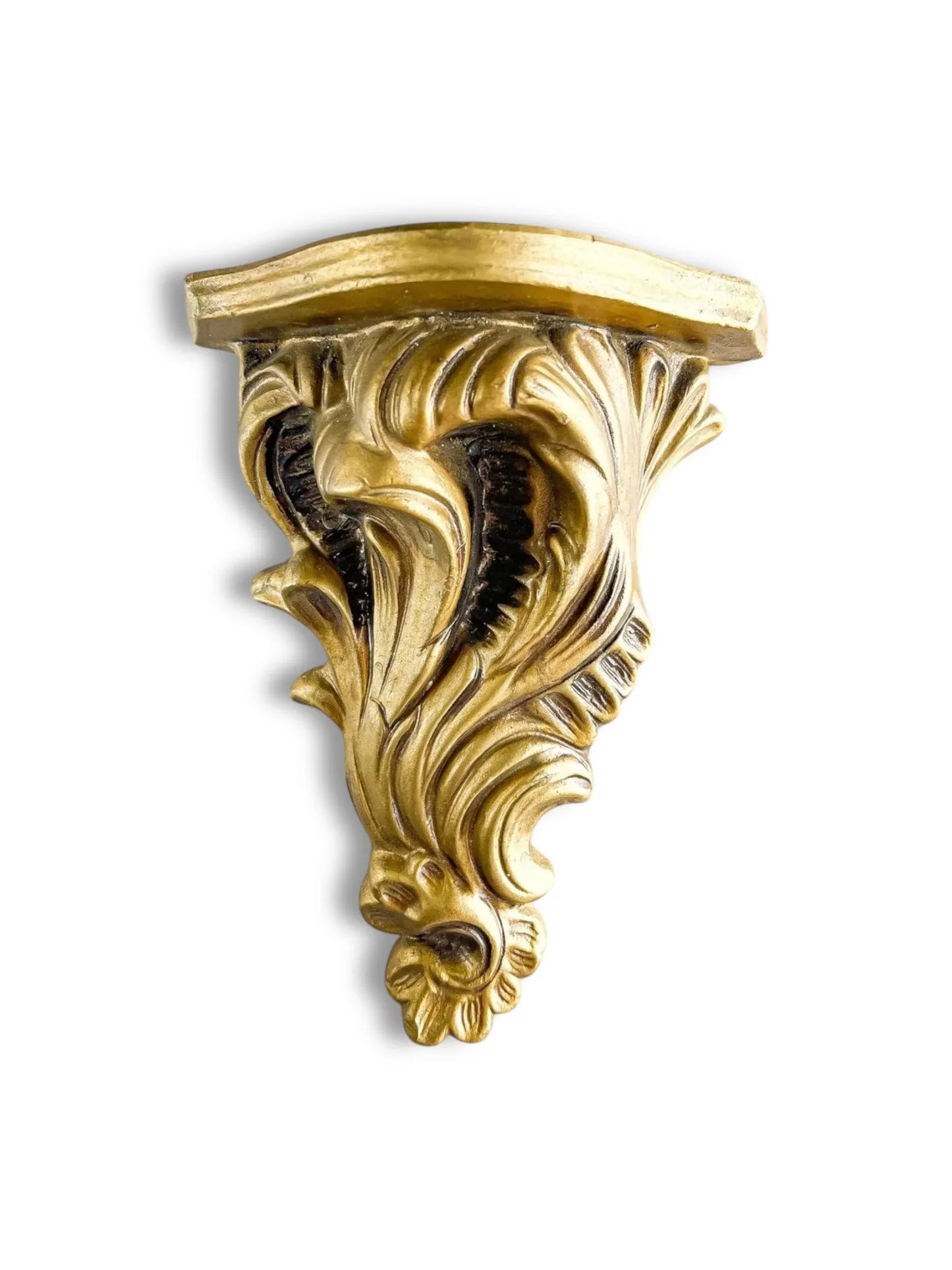 Vintage gilded wall shelf with ornate baroque scrollwork, collectible antique décor