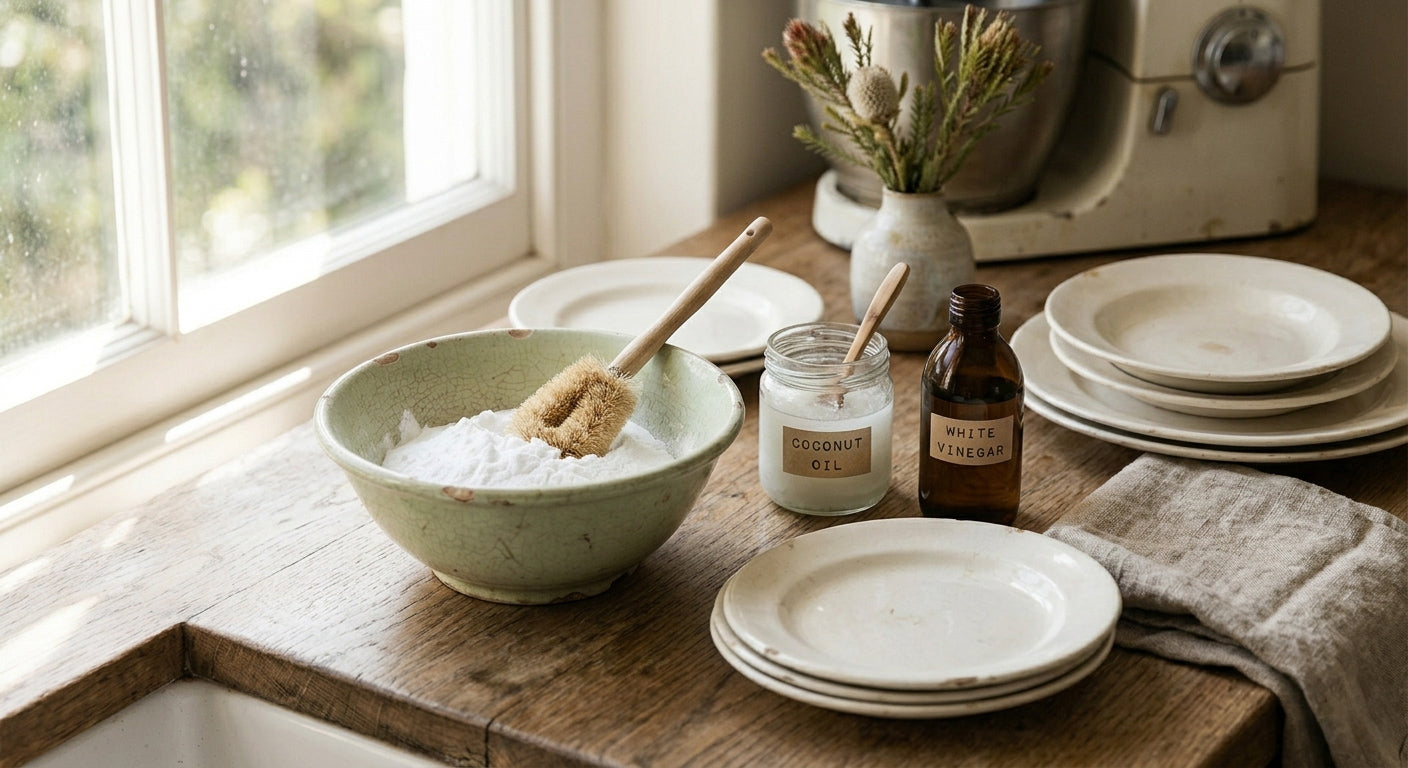 A wide-angle lifestyle shot of a natural heritage care toolkit on a rustic oak workbench by a window. The scene includes a crazed green stoneware bowl filled with bicarbonate of soda and a natural bristle brush, a jar of coconut oil, and a brown glass bottle of white vinegar, surrounded by stacks of plain white vintage ironstone plates and a linen tea towel.