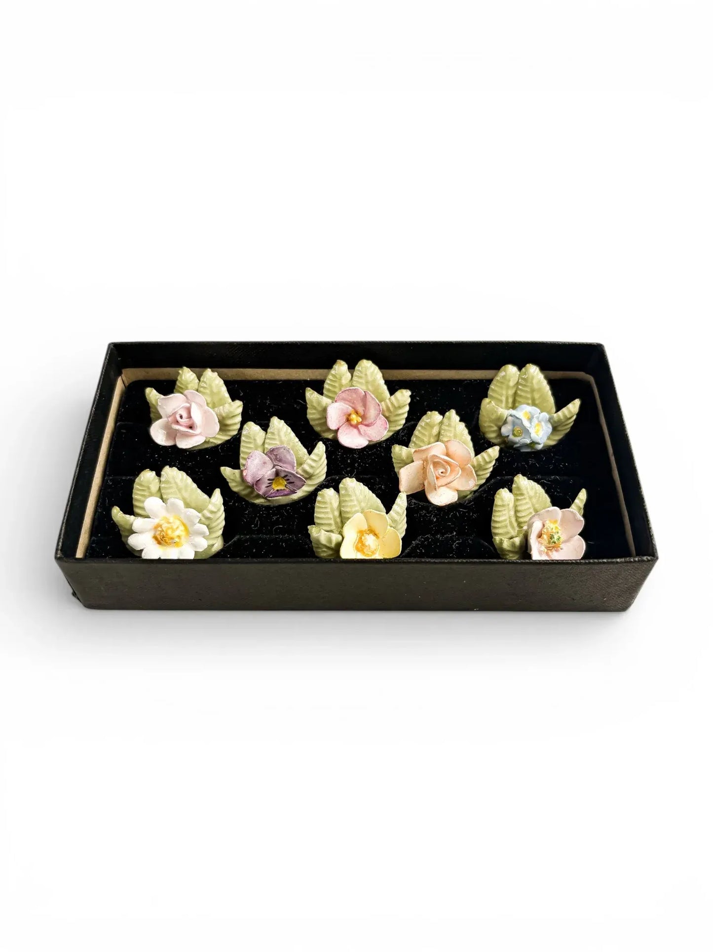 Complete set of 8 vintage English fine bone china floral place card holders in original black presentation box.