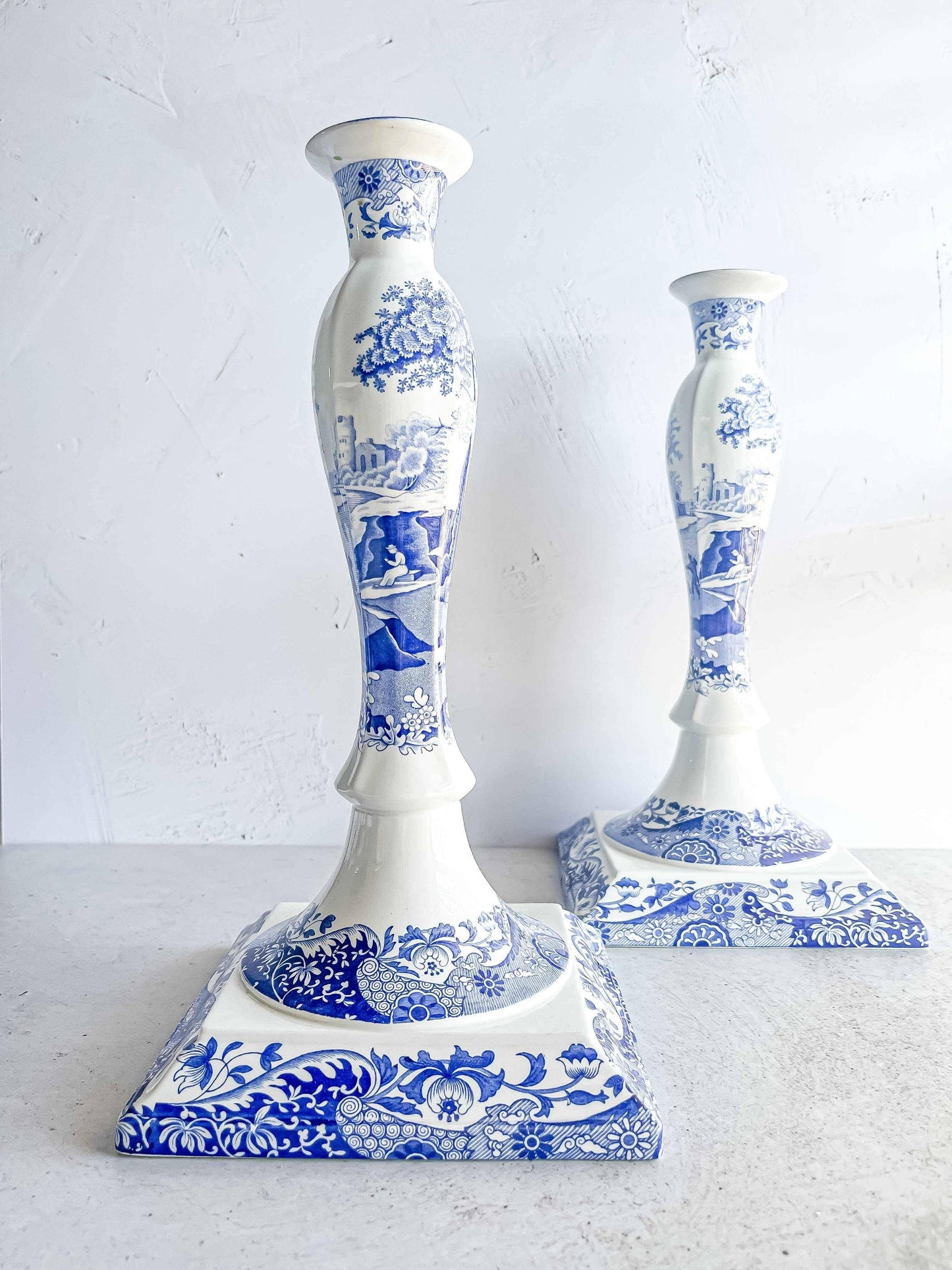 Spode Pair of Large Candlesticks - Blue Italian - SOSC Home