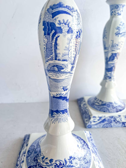 Spode Pair of Large Candlesticks - Blue Italian - SOSC Home