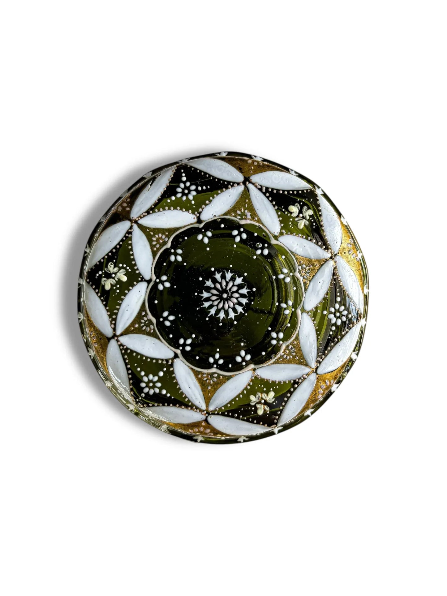 Hand-painted ceramic plate with green, white, and gold floral mandala design