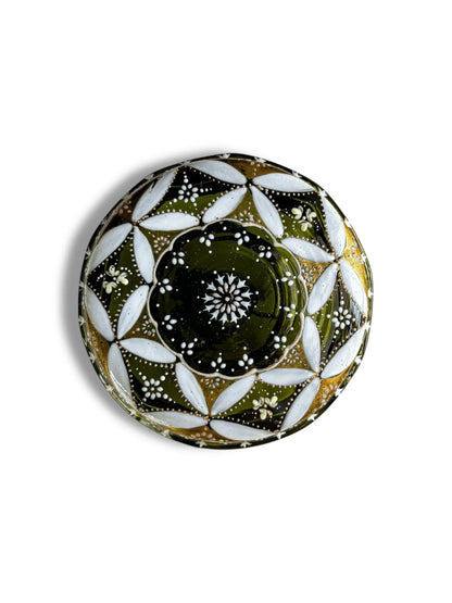 Hand-painted ceramic plate with green, white, and gold floral mandala design