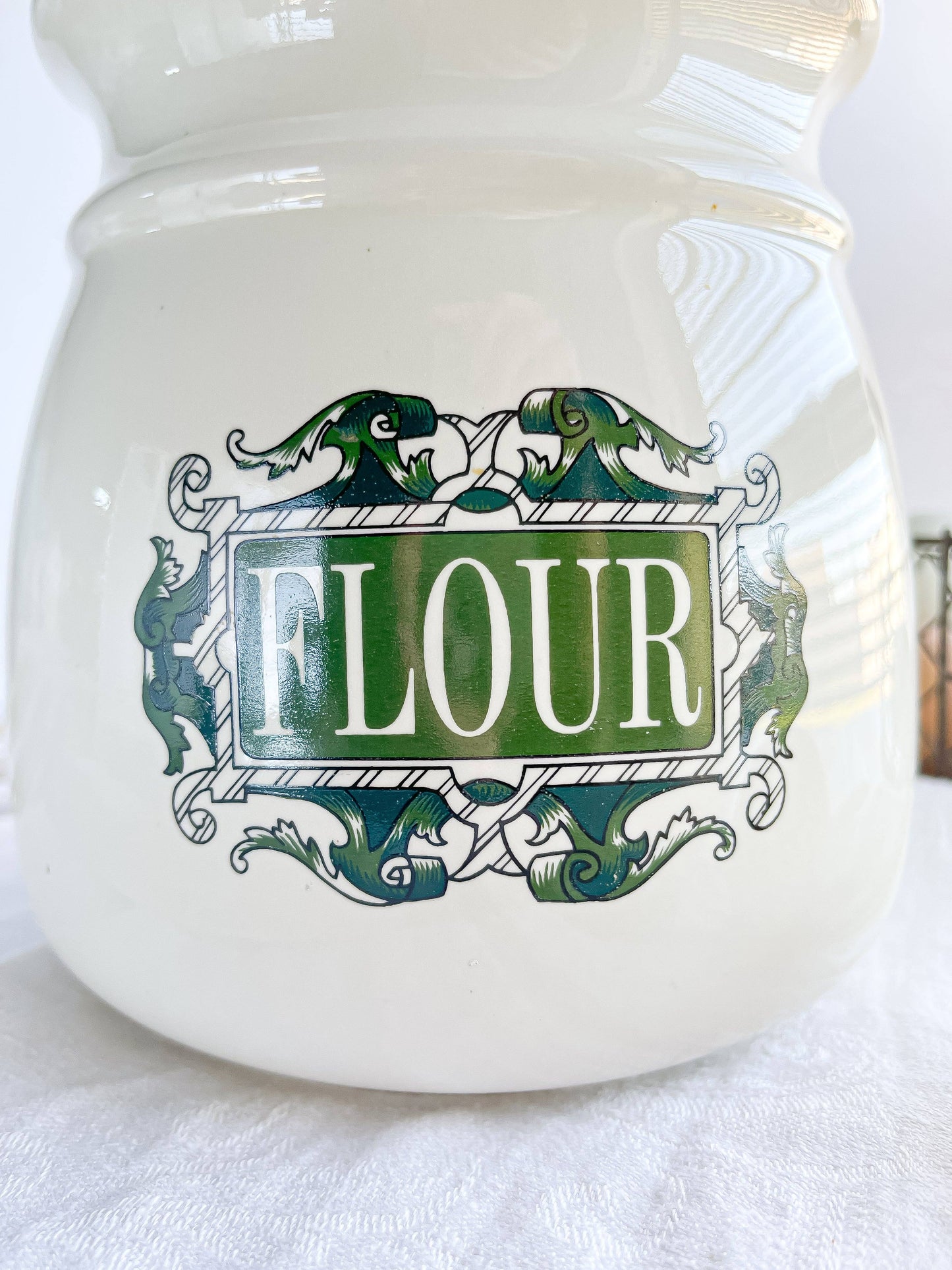 Vintage Ceramic Flour Storage Container with Ornate Label and Wooden Lid - SOSC Home