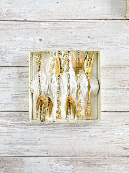 Vintage Eetrite Gold-Plated Cake Forks - Rose Handle Design - SOSC Home