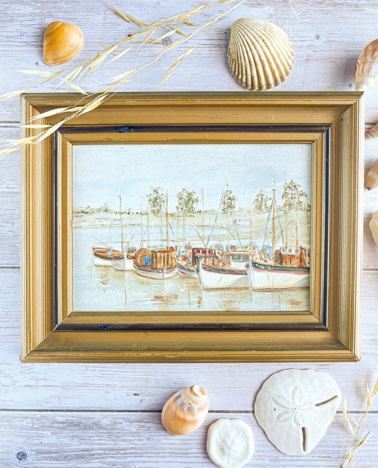 Vintage Framed Oil Painting - Serene Harbour Scene - SOSC Home