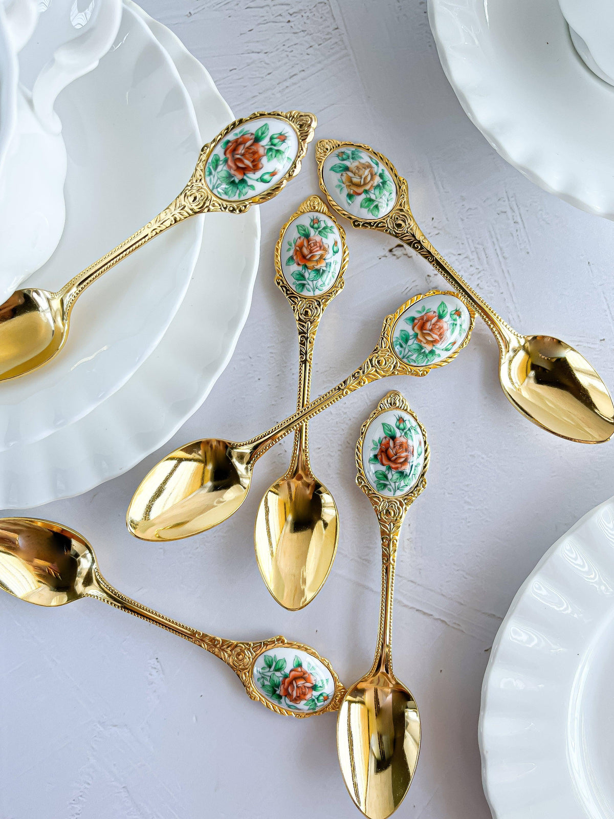 Vintage Gold-Plated Teaspoons with Rose Motif Handles - Set of 6 