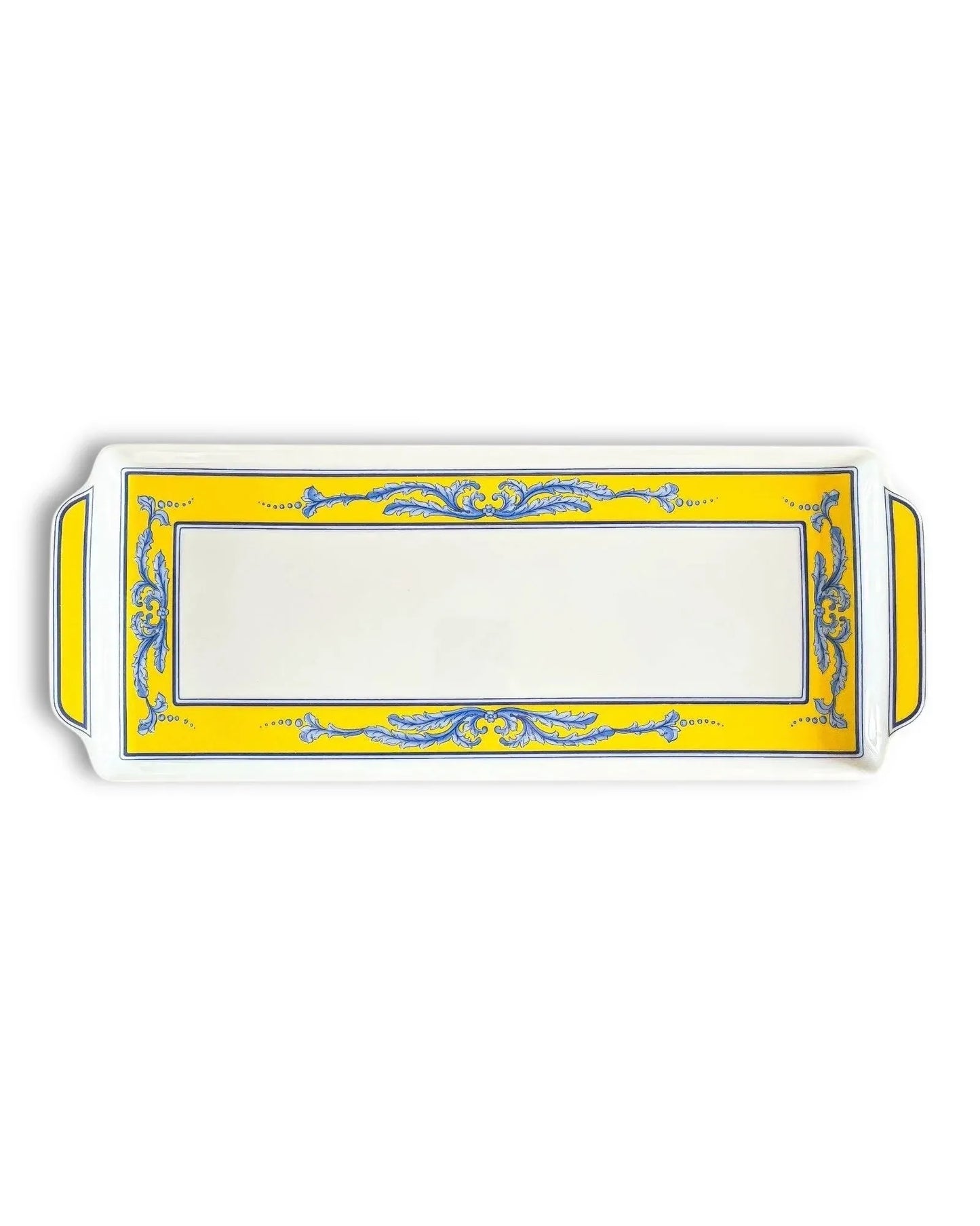 Rectangular porcelain serving tray with yellow and blue ornate border, vintage tableware