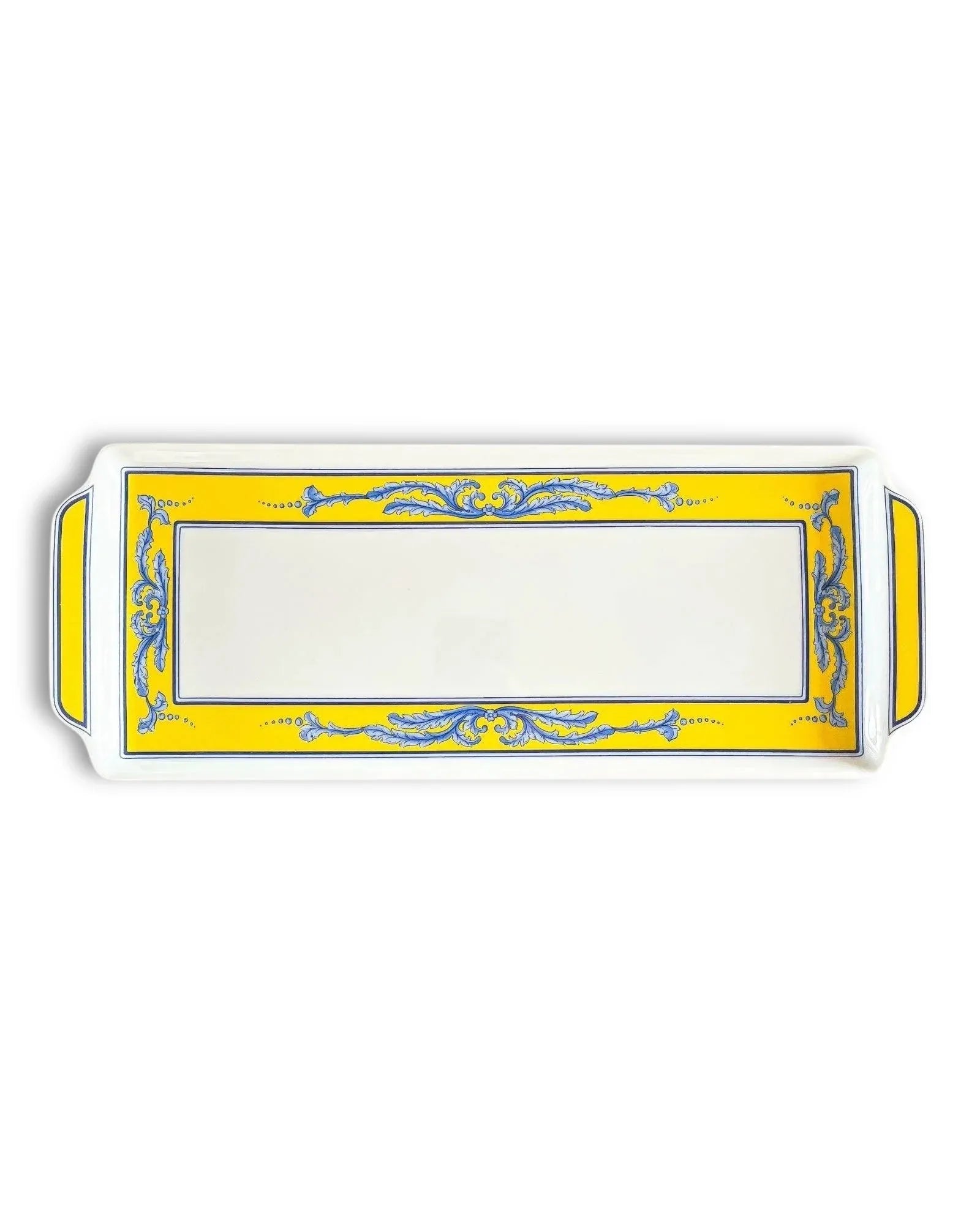 Rectangular porcelain serving tray with yellow and blue ornate border, vintage tableware