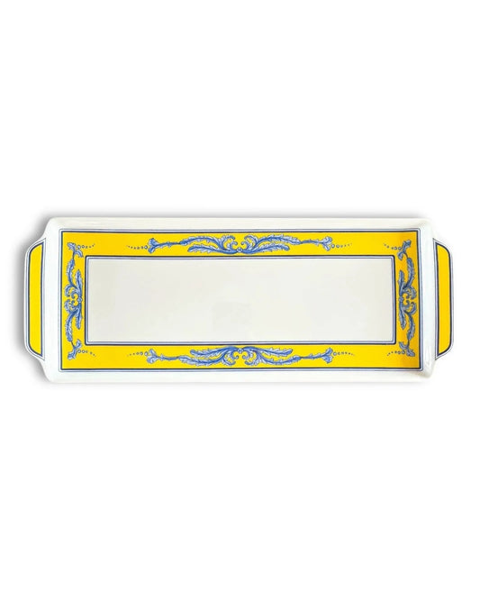 Rectangular porcelain serving tray with yellow and blue ornate border, vintage tableware