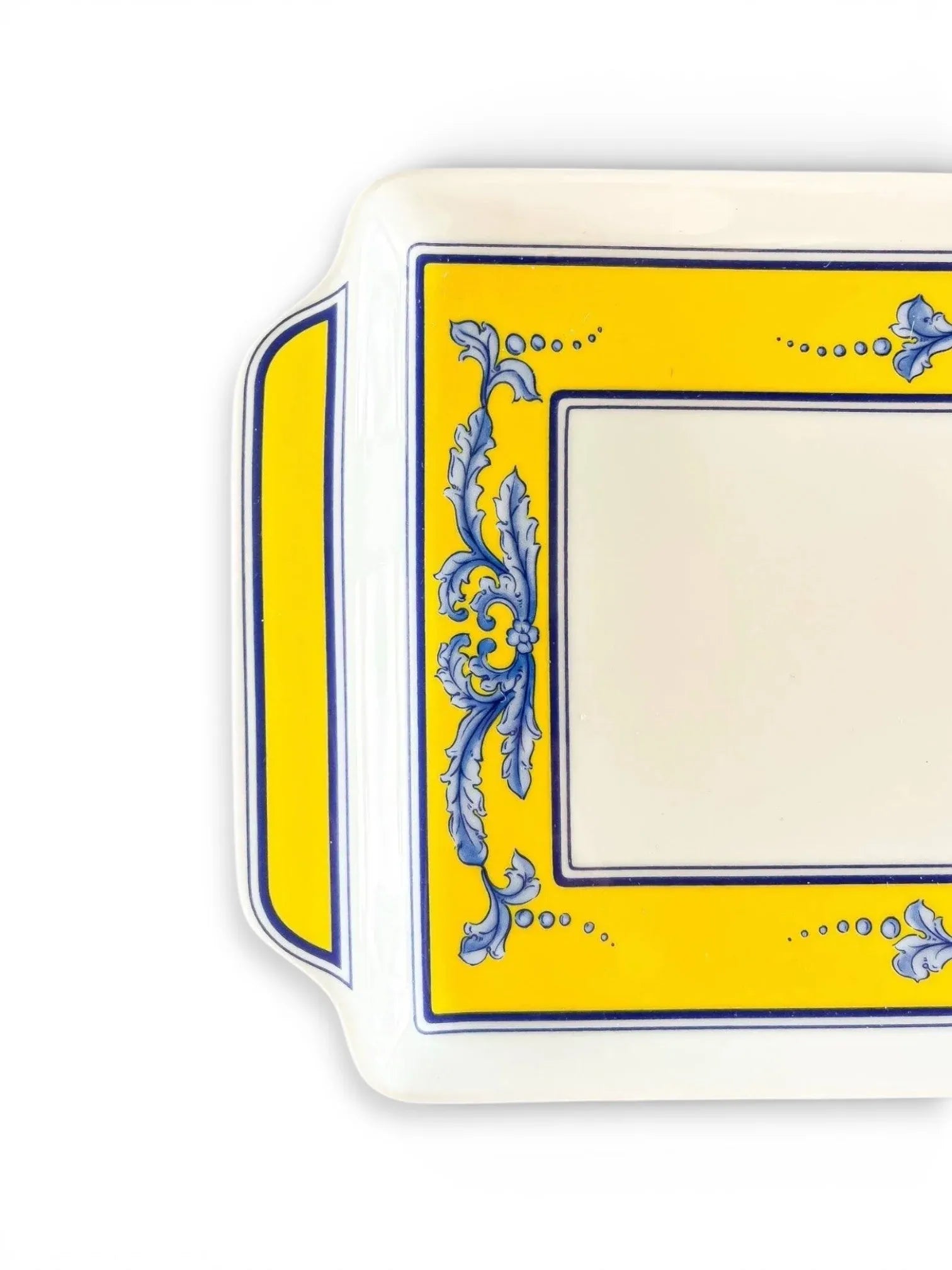 Porcelain serving tray with yellow and blue baroque border detail, elegant tableware