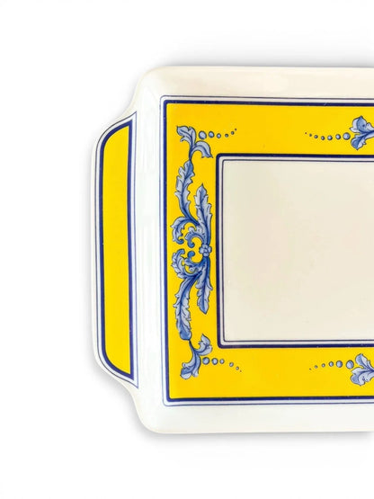 Porcelain serving tray with yellow and blue baroque border detail, elegant tableware