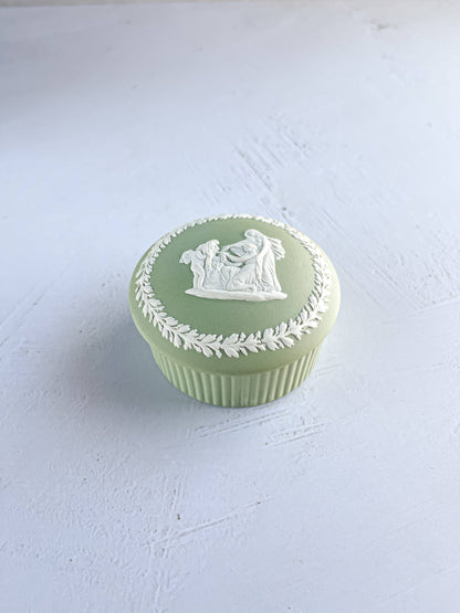 Wedgwood Celadon Green Round Fluted Box & Lid - 'Cupid as Oracle' Design - SOSC Home