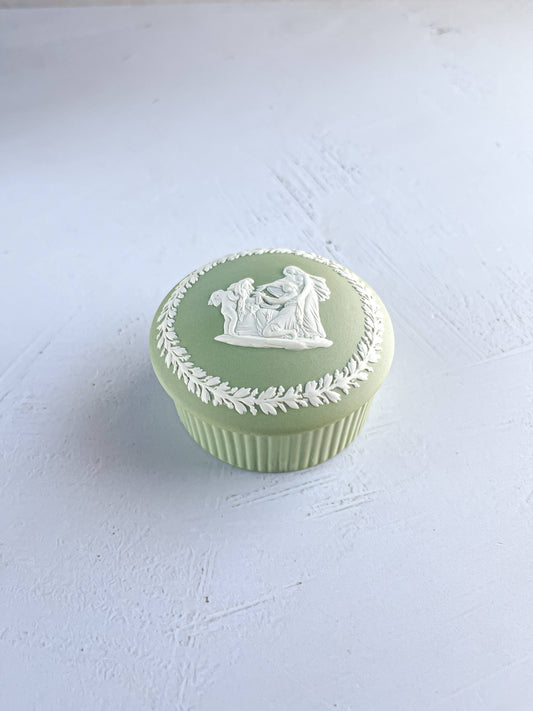 Wedgwood Celadon Green Round Fluted Box & Lid - 'Cupid as Oracle' Design - SOSC Home