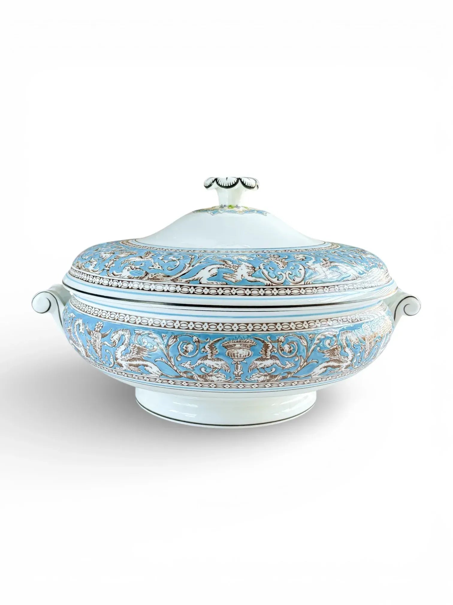 Wedgwood Florentine Turquoise W2714 covered vegetable dish with lid on a white background.