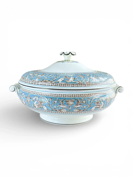 Wedgwood Florentine Turquoise W2714 covered vegetable dish with lid on a white background.