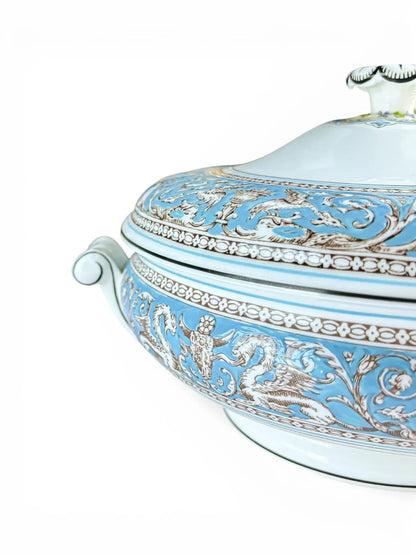 Macro detail of the hand-enamelled turquoise border and sepia linework on a Wedgwood W2714 tureen.