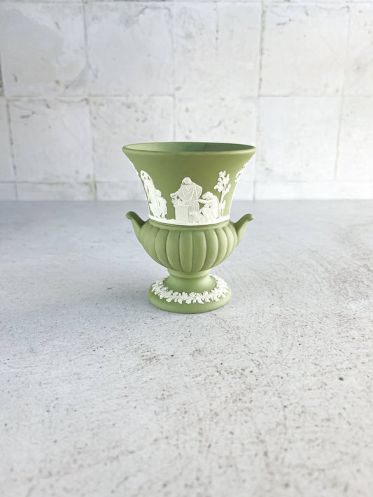 Wedgwood Jasperware Celadon Green Mini Bud Vase - 'Venus & Cupid' Design - SOSC Home