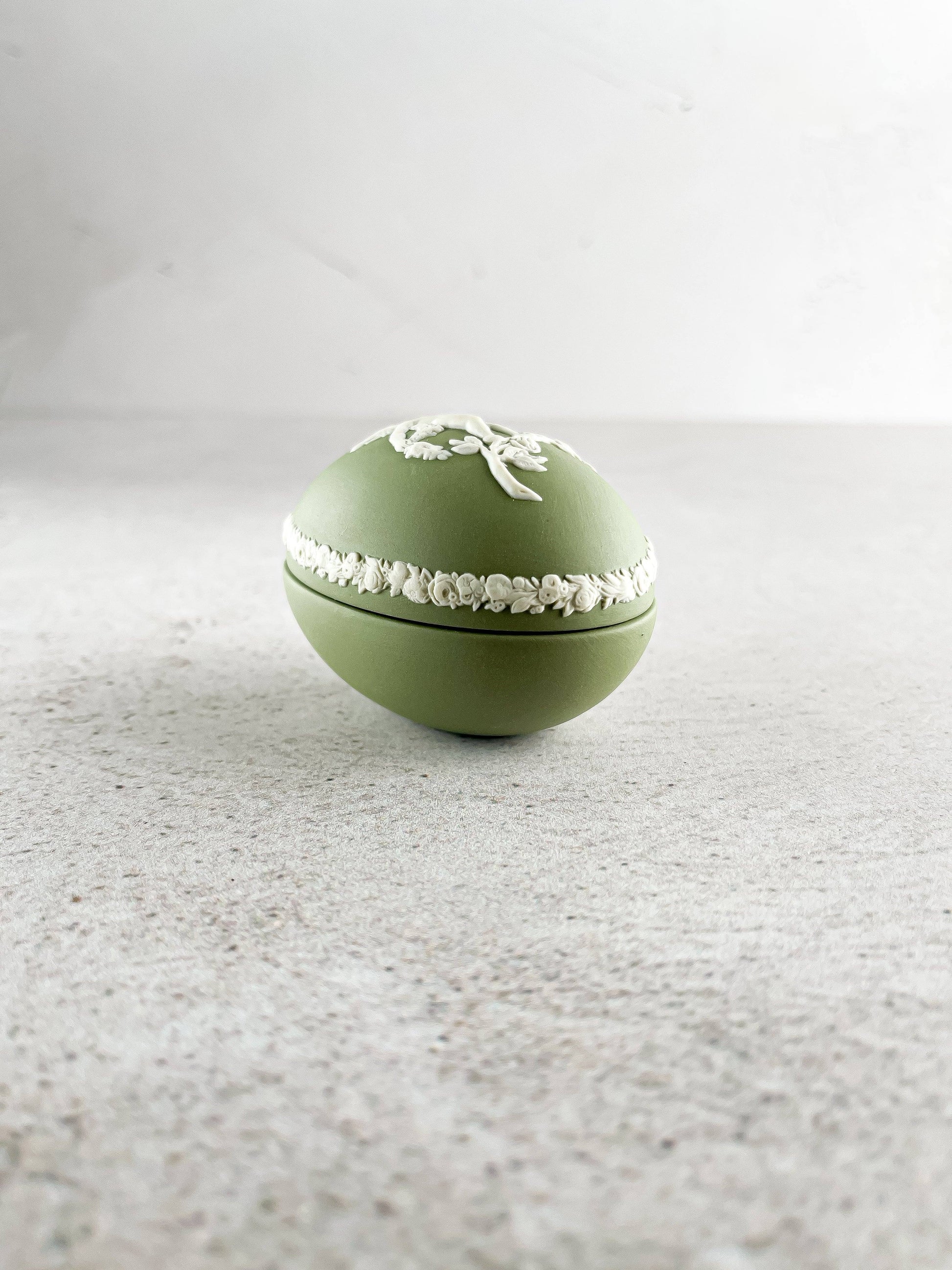 Wedgwood Jasperware Celadon Green Small Egg Box & Lid - 'Cupid in Summer' - SOSC Home