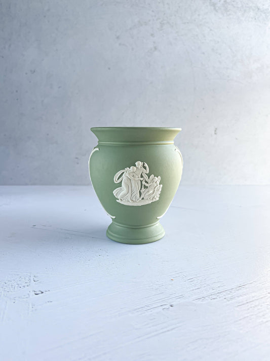 Wedgwood Jasperware Celadon Green Vase - 'Cupid Asleep' & 'Aurora' Design - SOSC Home