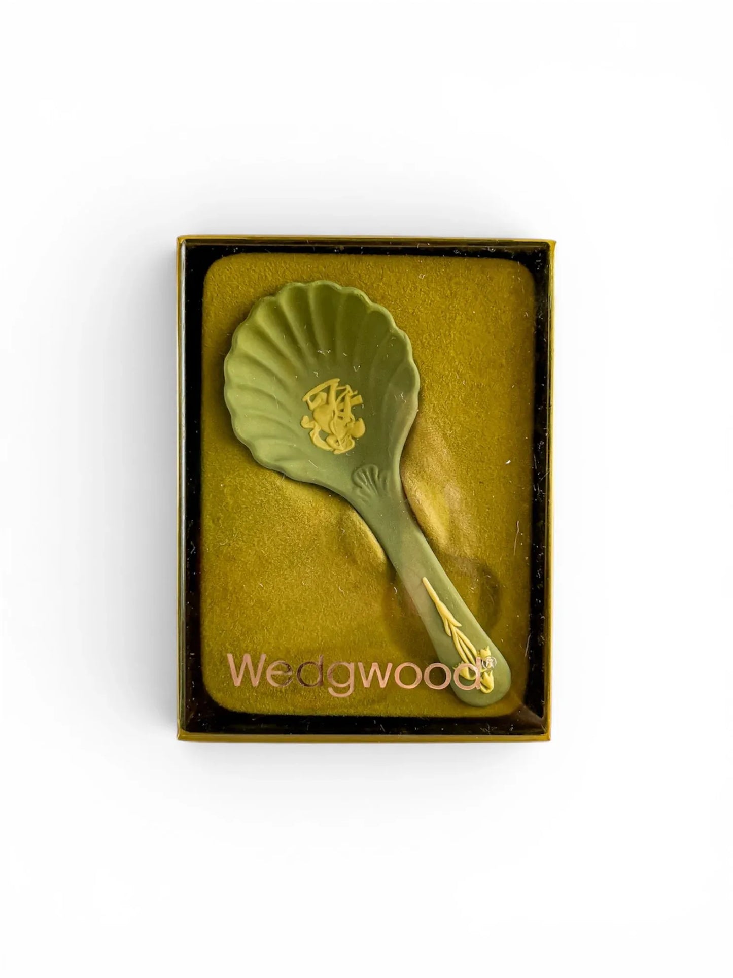 A pale blue Wedgwood Jasperware shell caddy spoon presented in its original box with a clear lid. The "Wedgwood" brand name is printed in silver  across the bottom of the packaging, showcasing the heritage "Cupid Sharpening his Arrow" design in a different colourway.
