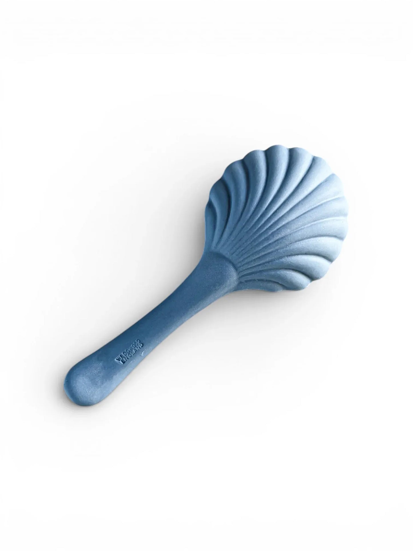 The reverse view of a pale blue Wedgwood Jasperware caddy spoon on a white background, highlighting the underside of the scalloped shell bowl and the smooth, matte texture of the stoneware handle.