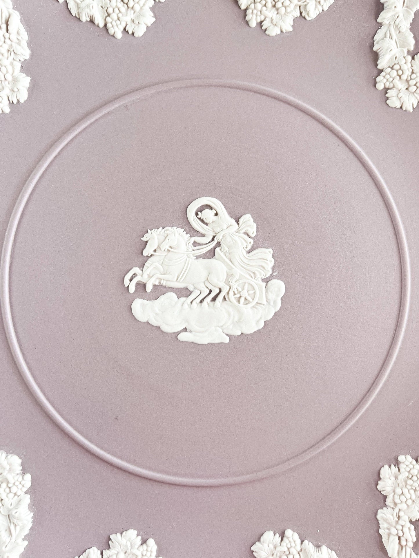 Lilac Wedgwood Jasperware plate with white relief Aurora chariot design and floral border
