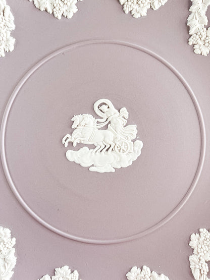 Lilac Wedgwood Jasperware plate with white relief Aurora chariot design and floral border
